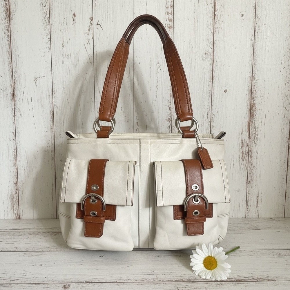 Coach Cargo Pocket Leather Tote Shoulder Bag Cream Cognac Y2K Hangtag